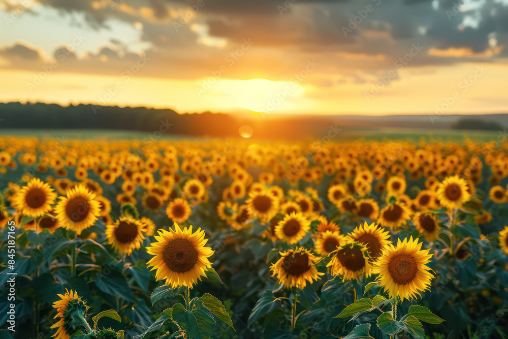 Obraz premium Sunrise over a field of sunflowers, beautiful, bright and cheerful nature landscape, showcasing the beauty of nature in this image for Ads, banner, magazine publication. Generative AI
