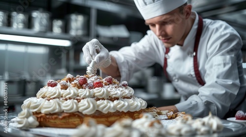 A pastry chef in a white uniform, piping icing onto a cake. Generative AI.
