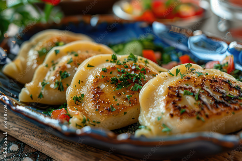 Taiwanese and Japanese Pan-fried gyoza dumpling jiaozi food in a plate with garlic soy sauce famous chinese appetiser for Banner website, Ads. Generative AI Taiwanese and Japanese Pan-fried gyoza dumpling jiaozi food in a plate with garlic soy sauce famous chinese appetiser for Banner website, Ads. Generative AI