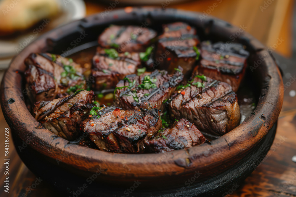 Delicious sliced juicy beef ribeye filet mignon steak on a plate, grilled meats, rustic style. Food and cuisine concept for poster or menu, cafe, Banner website, Ads. Generative AI Delicious sliced juicy beef ribeye filet mignon steak on a plate, grilled meats, rustic style. Food and cuisine concept for poster or menu, cafe, Banner website, Ads. Generative AI