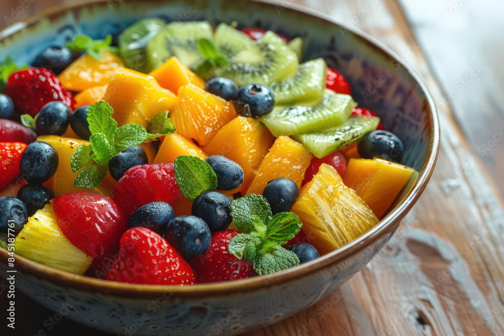 Fresh fruit healthy salad on a wooden table, morning light, focus on texture and vibrant colors. Clean eating and healthy food concept for poster or menu restaurant, Banner, Ads. Generative AI Fresh fruit healthy salad on a wooden table, morning light, focus on texture and vibrant colors. Clean eating and healthy food concept for poster or menu restaurant, Banner, Ads. Generative AI