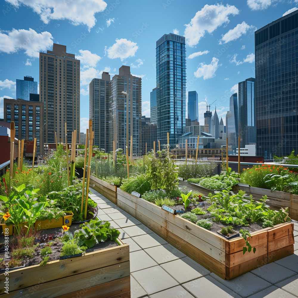 A vibrant rooftop garden in a city, with raised beds filled with various vegetables, herbs, and flowers, and skyscrapers in the background, showcasing the contrast between greenery and urban architect A vibrant rooftop garden in a city, with raised beds filled with various vegetables, herbs, and flowers, and skyscrapers in the background, showcasing the contrast between greenery and urban architect