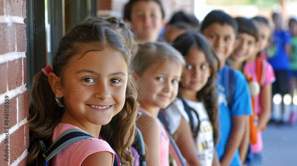 Students lining up at the classroom door, ready to start the new school year with enthusiasm Students lining up at the classroom door, ready to start the new school year with enthusiasm