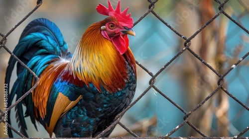 Close up portrait of a rooster against a wired fence