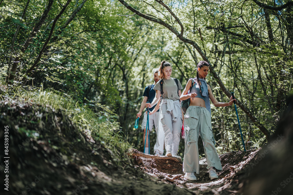 Three friends hiking through a lush green forest, exploring nature, and enjoying an outdoor adventure on a scenic trail. Three friends hiking through a lush green forest, exploring nature, and enjoying an outdoor adventure on a scenic trail.