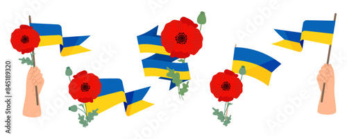 Ukrainian flag with poppy. Hand with yellow blue flag with red flower. Isolated holiday Ukrainian symbols memory, victory, Independence and freedom on white. Vector illustration in flat style