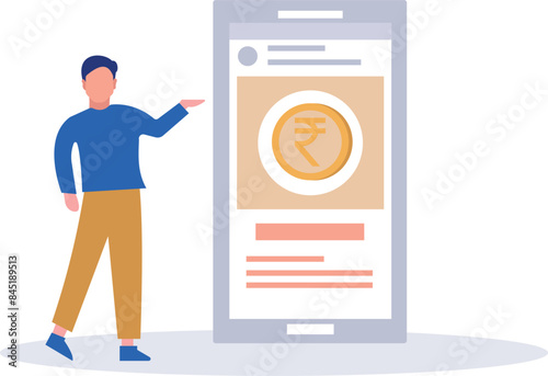 Boy pointing to business on mobile phone.