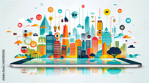 A depiction of a smart city showcased on a digital tablet or smartphone photo