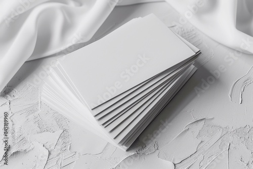 Mockup of a fanned stack of business cards on a white textured paper background, high-angle shot, minimalist style photo