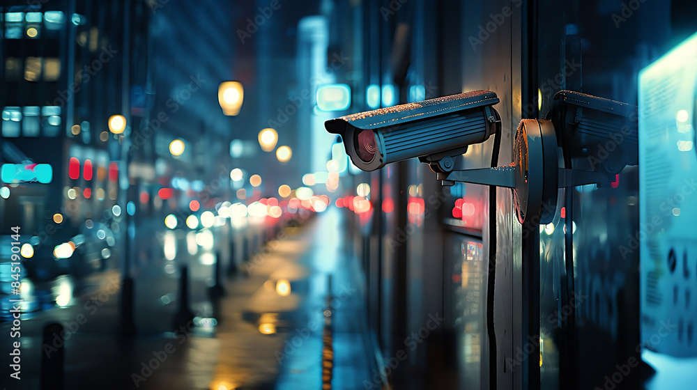 A security camera mounted on a wall overlooking a city street at night. The camera is focused on the street, with the lights of passing cars reflecting in its lens.
