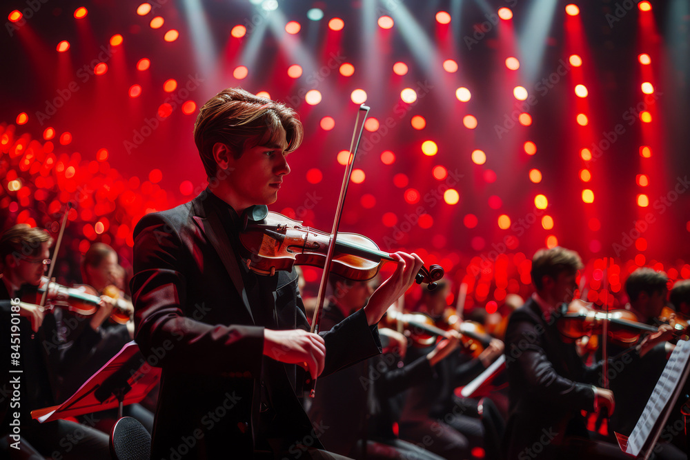 Fototapeta premium Violinist performs with passion and precision under the red spotlight, surrounded by the other musicians of the symphony orchestra