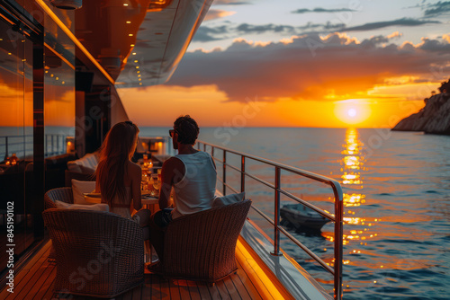 Young couple enjoys cocktails at an outdoor bar on the upper deck of a cruise liner, taking in the panoramic sunset views over the sea. Vacation and travel concept