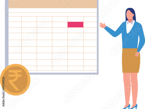 The girl is pointing at the excel sheet.