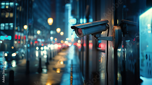 A security camera mounted on a wall overlooking a city street at night. The camera is focused on the street, with the lights of passing cars reflecting in its lens.