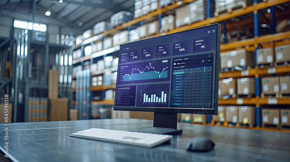 Innovative computer software for warehouse management enables real-time monitoring of package delivery and goods. A computer screen displays a smart inventory dashboard, facilitating storage Innovative computer software for warehouse management enables real-time monitoring of package delivery and goods. A computer screen displays a smart inventory dashboard, facilitating storage