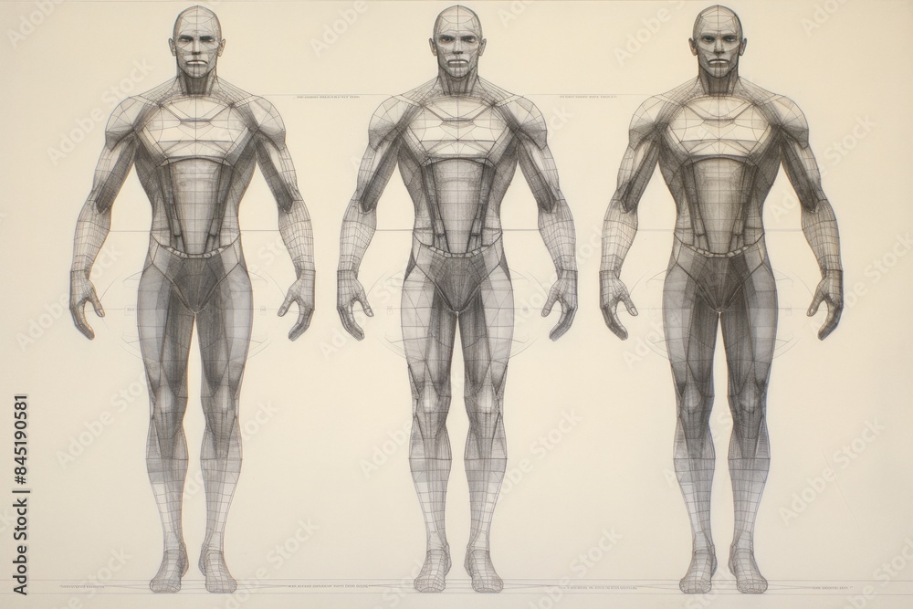 Human body pencil drawing showing symmetrical grid and height marks Human body pencil drawing showing symmetrical grid and height marks