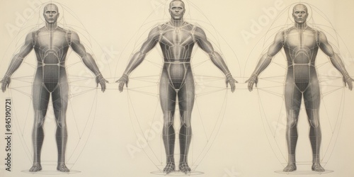 Human body pencil drawing showing symmetrical grid and height marks