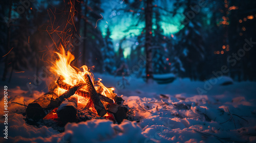 Campfire Under Northern Lights. A mesmerizing scene of a campfire blazing in the foreground with vibrant orange and yellow flames, set against a backdrop of a snow-covered forest at night. 