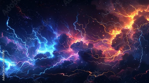 Abstract digital painting of blue and orange lightning strikes in a stormy sky.