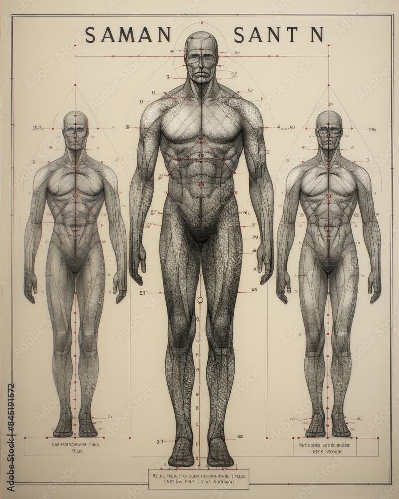Human body pencil drawing showing symmetrical grid and height marks Human body pencil drawing showing symmetrical grid and height marks
