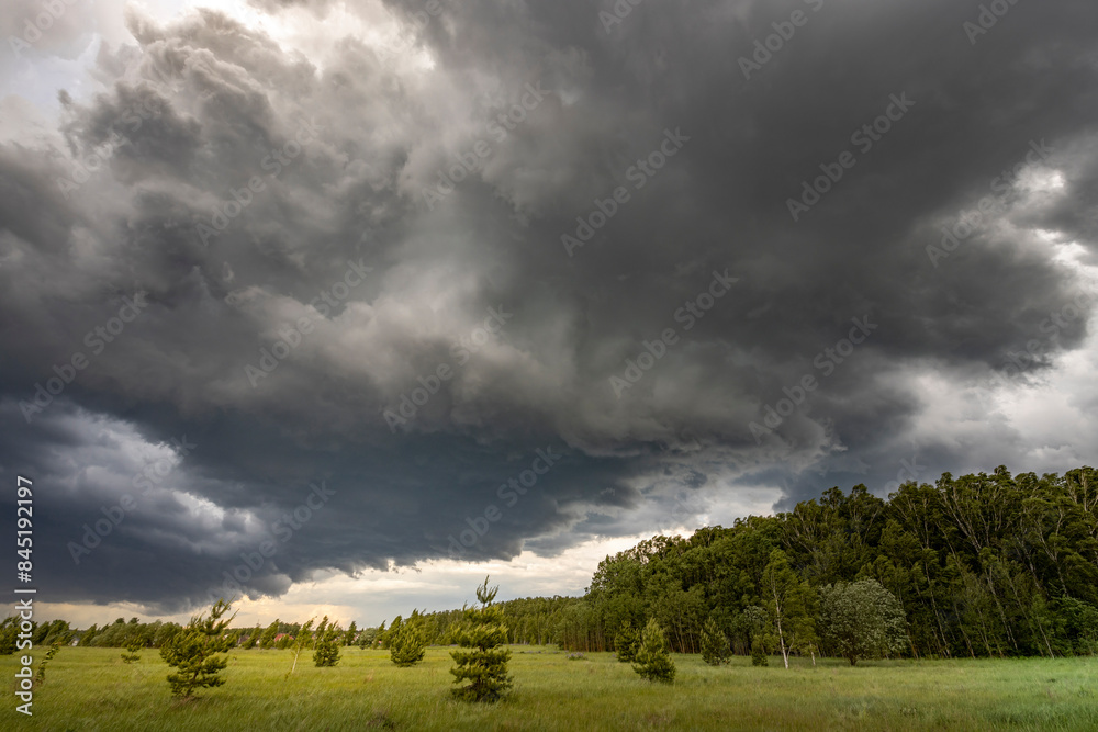 A dramatic sky filled with dark, swirling clouds looms over a tranquil meadow, showcasing a striking contrast between the ominous clouds and the lush greenery below. A dramatic sky filled with dark, swirling clouds looms over a tranquil meadow, showcasing a striking contrast between the ominous clouds and the lush greenery below.