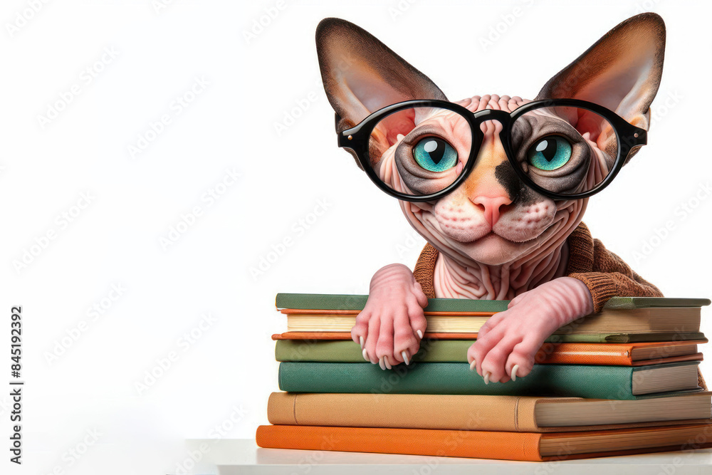 funny smiling cat with glasses hold books Isolated on white background funny smiling cat with glasses hold books Isolated on white background