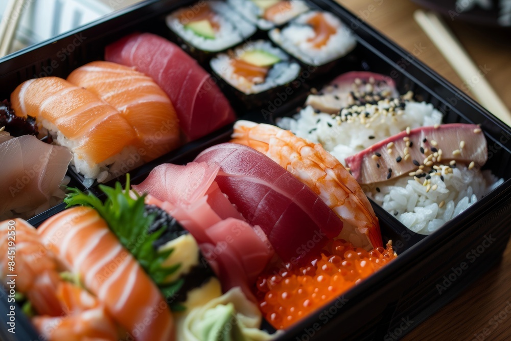Traditional Japanese bento box showcasing an assortment of fresh sushi and sashimi Traditional Japanese bento box showcasing an assortment of fresh sushi and sashimi