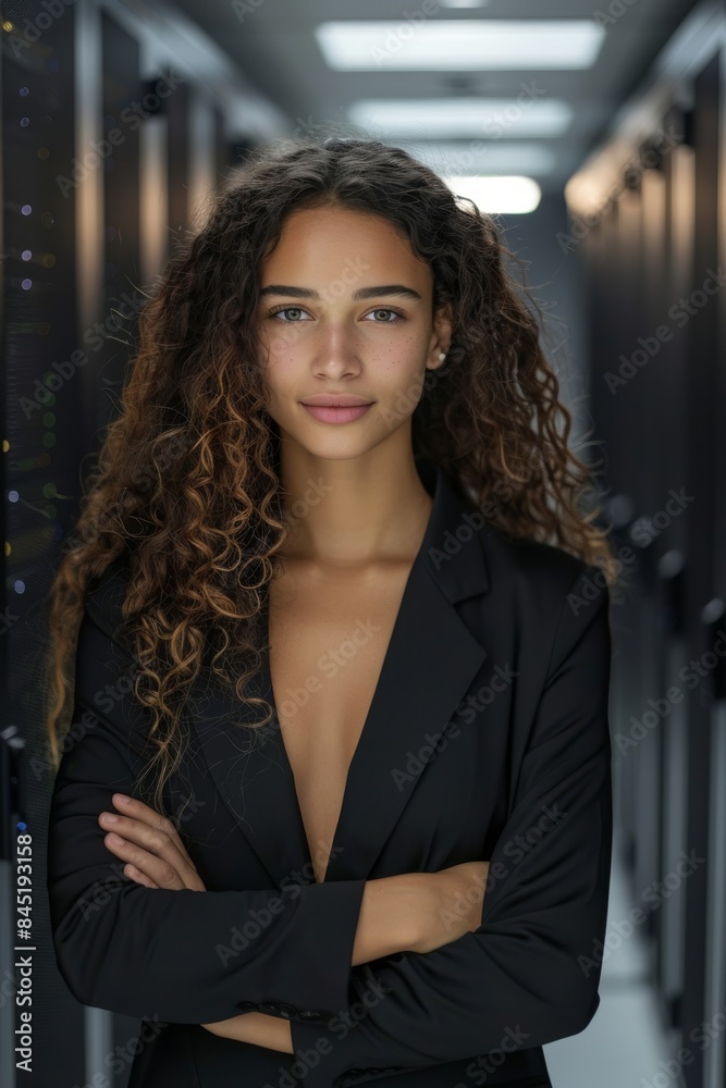 Hispanic woman IT worker standing in hallway with arms crossed Hispanic woman IT worker standing in hallway with arms crossed