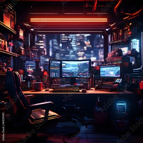 interior of a work space and computer and technology
