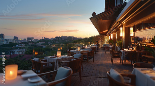 The roof terrace of the hotel with view of the city. restaurant. Generative AI.