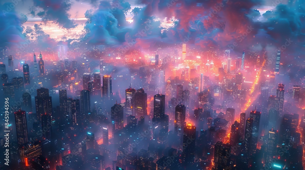 Neon Cyberpunk Cityscape with Futuristic Digital Cloud Infrastructure and High-Tech Details