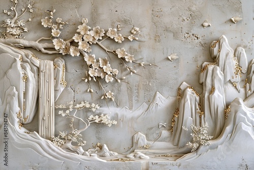 Golden-Embellished Stucco Molding with Waterfall and Sakura