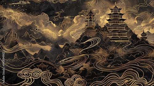 A black and gold ink painting inthe style of James Jane, the a group of ancient Chinese buildings photo