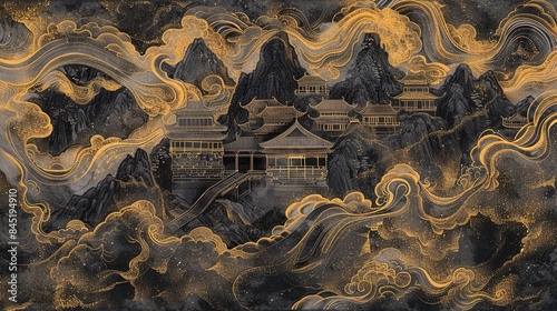 A black and gold ink painting inthe style of James Jane, the a group of ancient Chinese buildings photo