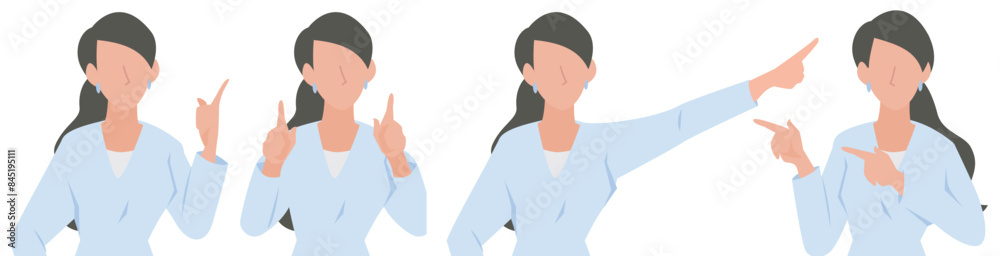様々な方向に指を刺す女性のビジネスパーソンのセット 様々な方向に指を刺す女性のビジネスパーソンのセット