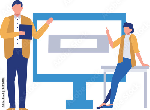 A boy and a girl are pointing to the monitor.