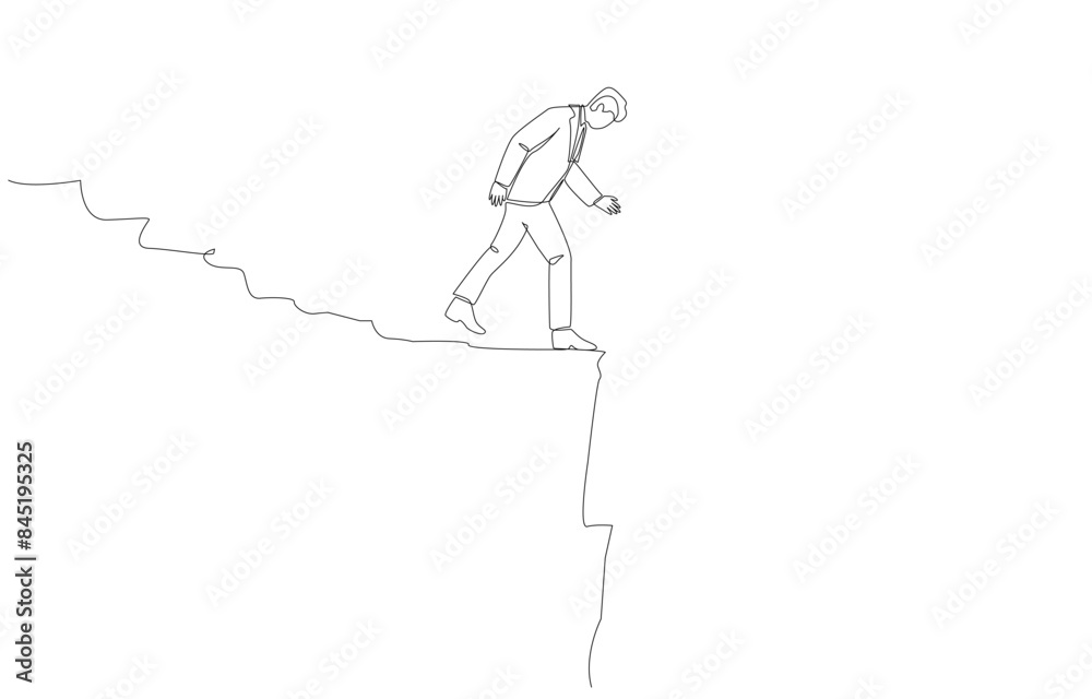 Fototapeta premium Continuous one line drawing of businessman on the edge of mountain cliff, business risk, facing major difficulty or obstacle in investing concept, single line art.