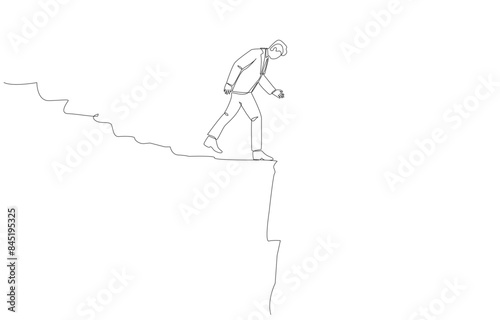 Continuous one line drawing of businessman on the edge of mountain cliff, business risk, facing major difficulty or obstacle in investing concept, single line art.