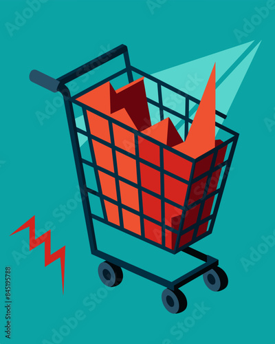 The hollow shopping cart serves as a sobering indication of the struggling economy and rising costs.. Vector illustration