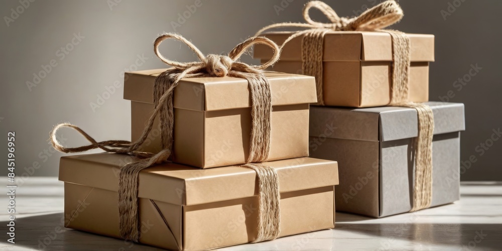 A stack of perfectly stacked gift boxes, in different neutral colors (beige, gray, white) with a simple thread ribbon, rests on a clean white background. A stack of perfectly stacked gift boxes, in different neutral colors (beige, gray, white) with a simple thread ribbon, rests on a clean white background.