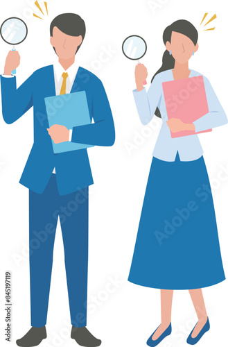 虫眼鏡とチェックリストを使って案内をする男性と女性のビジネスパーソン