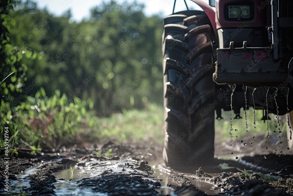 Obraz premium Tractor wheel in mud with the background showing farmland. Raindrops falling from wheel tires onto wet soil. Soggy ground. Dirt droplets. Field. Muddy terrain. Copy space. Climate