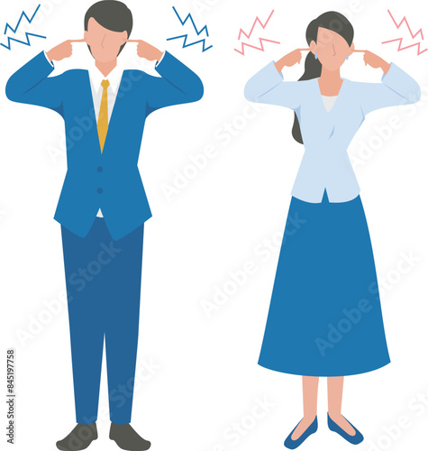やかましい声に耳を塞ぐ男性と女性のビジネスパーソン