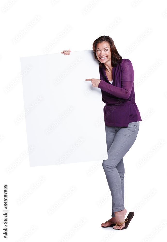 Portrait, billboard and woman pointing in studio with excitement for promotion, information and mockup space. Blank poster, female person and happy for advertising, presentation and white background Portrait, billboard and woman pointing in studio with excitement for promotion, information and mockup space. Blank poster, female person and happy for advertising, presentation and white background