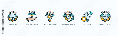 Collaborative Performance Banner Web Icon Vector Illustration Concept With Teamwork, Support Team, Creative Team, Performance, Solutions, Productivity