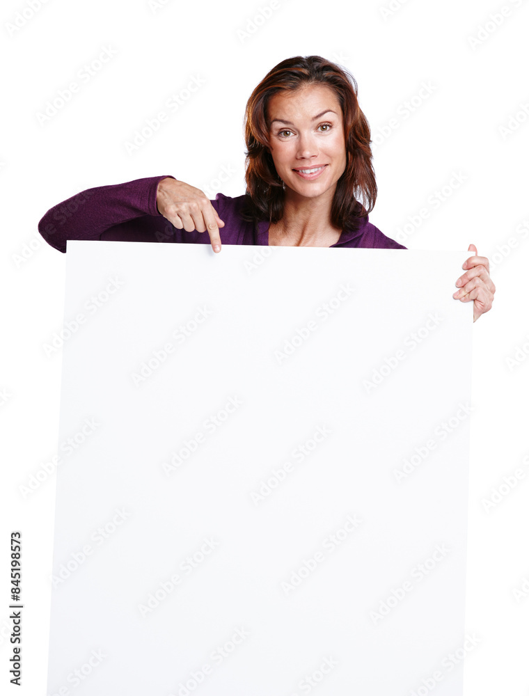 Portrait, pointing and billboard with woman in studio for promotion, branding and mockup space. Blank poster, female person and presentation for choice, sale and news by white background with smile Portrait, pointing and billboard with woman in studio for promotion, branding and mockup space. Blank poster, female person and presentation for choice, sale and news by white background with smile