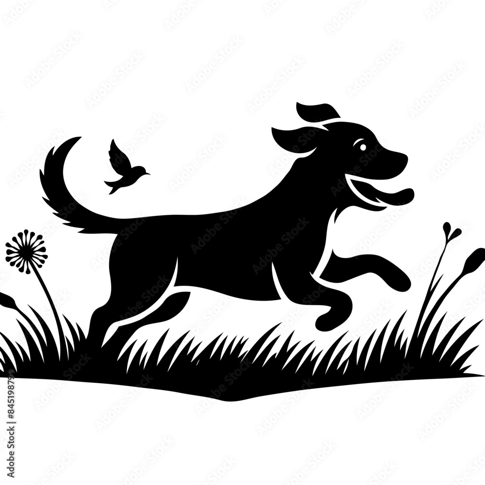 Black and White Silhouette of a Running Dog in Grass