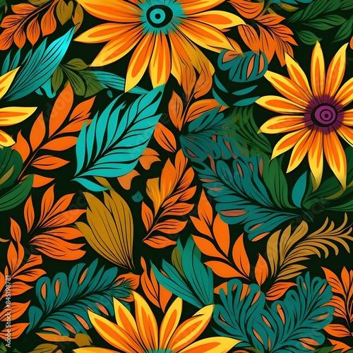 Orange and green floral seamless pattern and background.