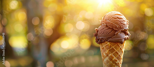 Deep dark chocolate ice cream in a cone on a blurred forest background with dappled sunlight