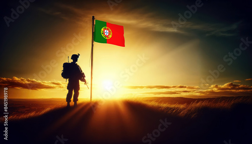 A soldier standing beside the Portugal flag at sunset, symbolizing courage and dedication to the nation